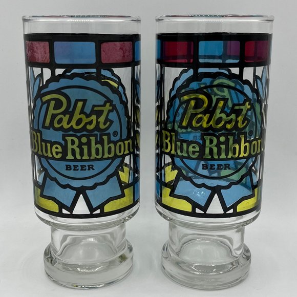 Vintage Set Pabst Blue Ribbon PBR 6.5" Stained Glass Style Pedestal Beer Glass